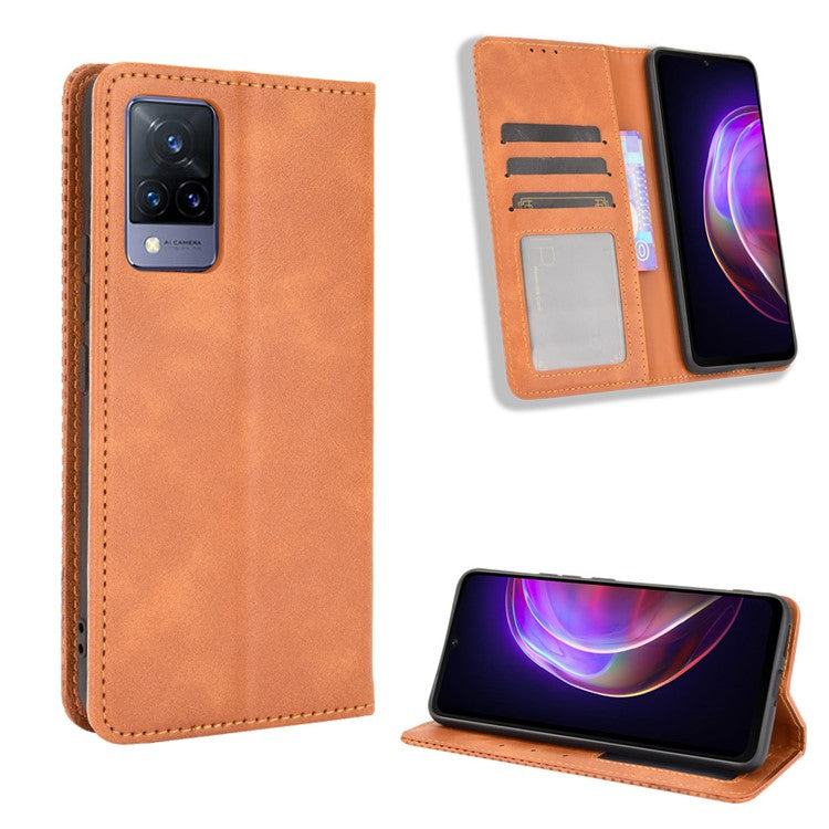 Vintage Style Magnetic Auto-absorbed Full-Protection Wallet Stand Leather Phone Shell Case for vivo V21 4G/5G - Brown
