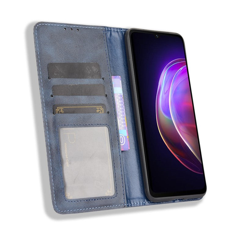 Vintage Style Magnetic Auto-absorbed Full-Protection Wallet Stand Leather Phone Shell Case for vivo V21 4G/5G - Blue