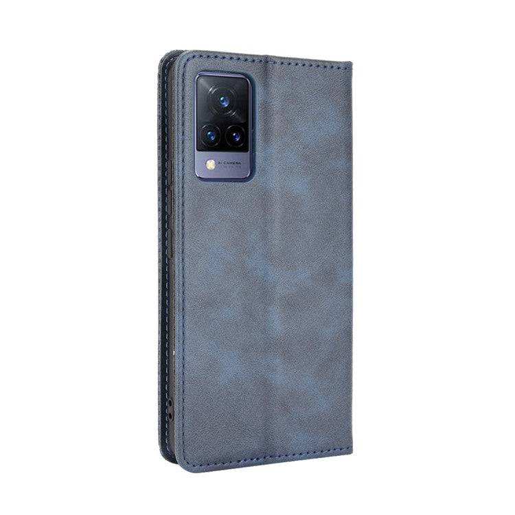 Vintage Style Magnetic Auto-absorbed Full-Protection Wallet Stand Leather Phone Shell Case for vivo V21 4G/5G - Blue