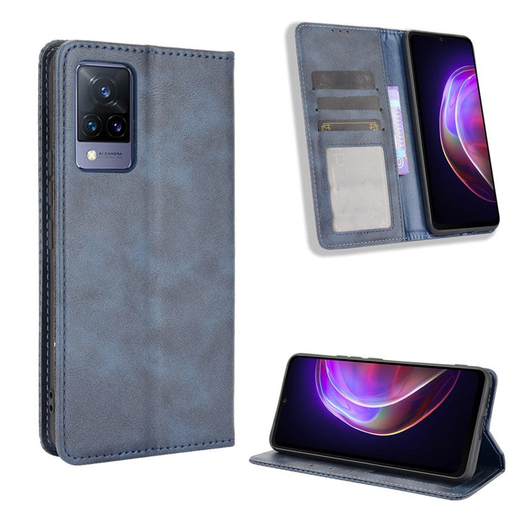 Vintage Style Magnetic Auto-absorbed Full-Protection Wallet Stand Leather Phone Shell Case for vivo V21 4G/5G - Blue