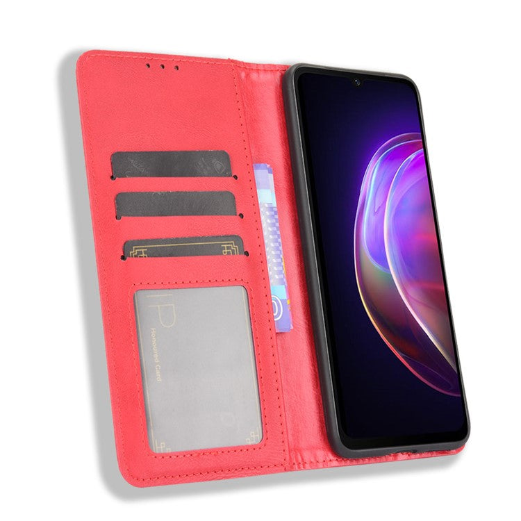 Vintage Style Magnetic Auto-absorbed Full-Protection Wallet Stand Leather Phone Shell Case for vivo V21 4G/5G - Red