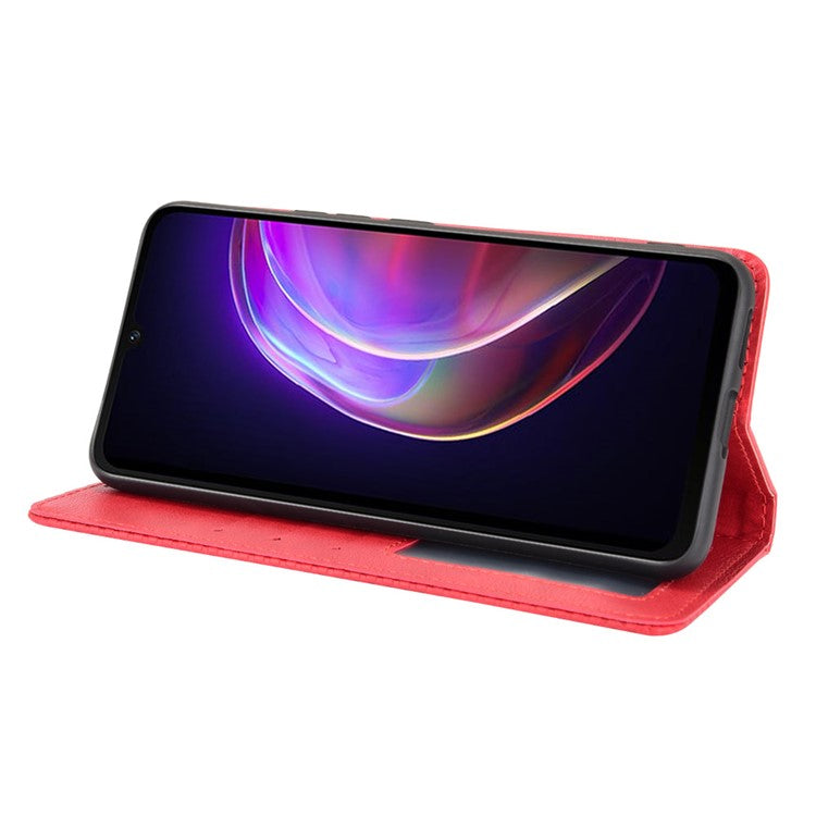 Vintage Style Magnetic Auto-absorbed Full-Protection Wallet Stand Leather Phone Shell Case for vivo V21 4G/5G - Red