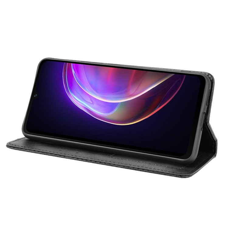 Vintage Style Magnetic Auto-absorbed Full-Protection Wallet Stand Leather Phone Shell Case for vivo V21 4G/5G - Black