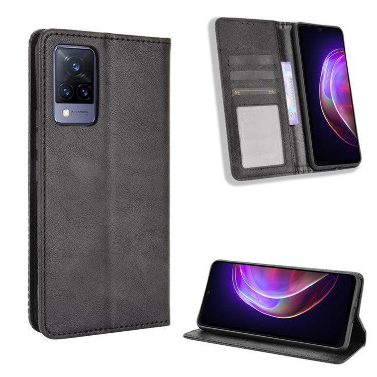 Vintage Style Magnetic Auto-absorbed Full-Protection Wallet Stand Leather Phone Shell Case for vivo V21 4G/5G - Black