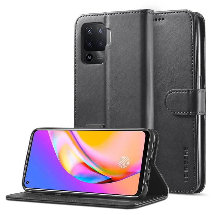 LC.IMEEKE Full Protection Wallet Design Leather Phone Protector Stand Shell for Oppo F19 Pro/A94/Reno5 F - Black