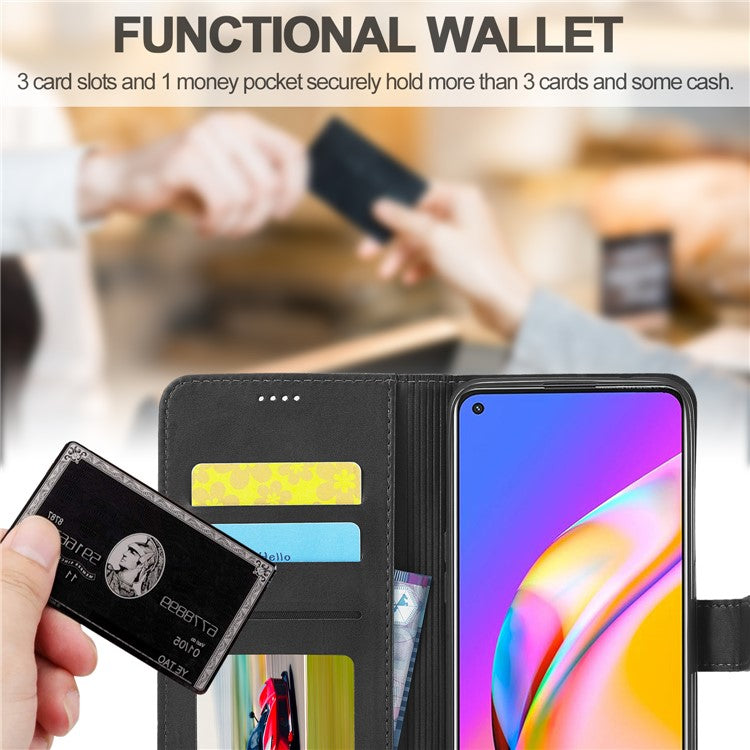 LC.IMEEKE Full Protection Wallet Design Leather Phone Protector Stand Shell for Oppo F19 Pro/A94/Reno5 F - Black