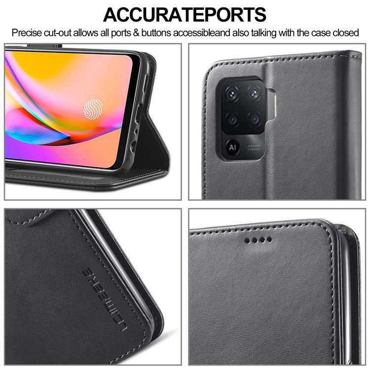 LC.IMEEKE Full Protection Wallet Design Leather Phone Protector Stand Shell for Oppo F19 Pro/A94/Reno5 F - Black