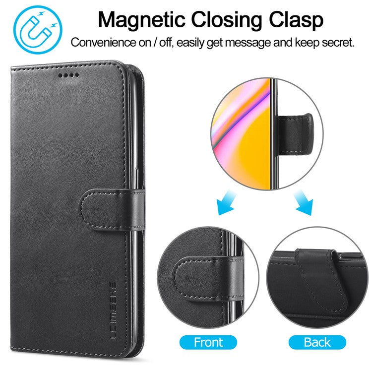 LC.IMEEKE Full Protection Wallet Design Leather Phone Protector Stand Shell for Oppo F19 Pro/A94/Reno5 F - Black