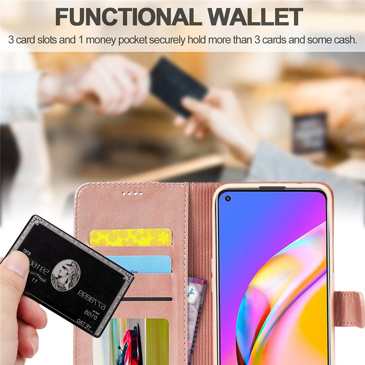 LC.IMEEKE Full Protection Wallet Design Leather Phone Protector Stand Shell for Oppo F19 Pro/A94/Reno5 F - Rose Gold