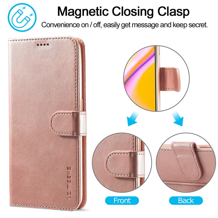 LC.IMEEKE Full Protection Wallet Design Leather Phone Protector Stand Shell for Oppo F19 Pro/A94/Reno5 F - Rose Gold