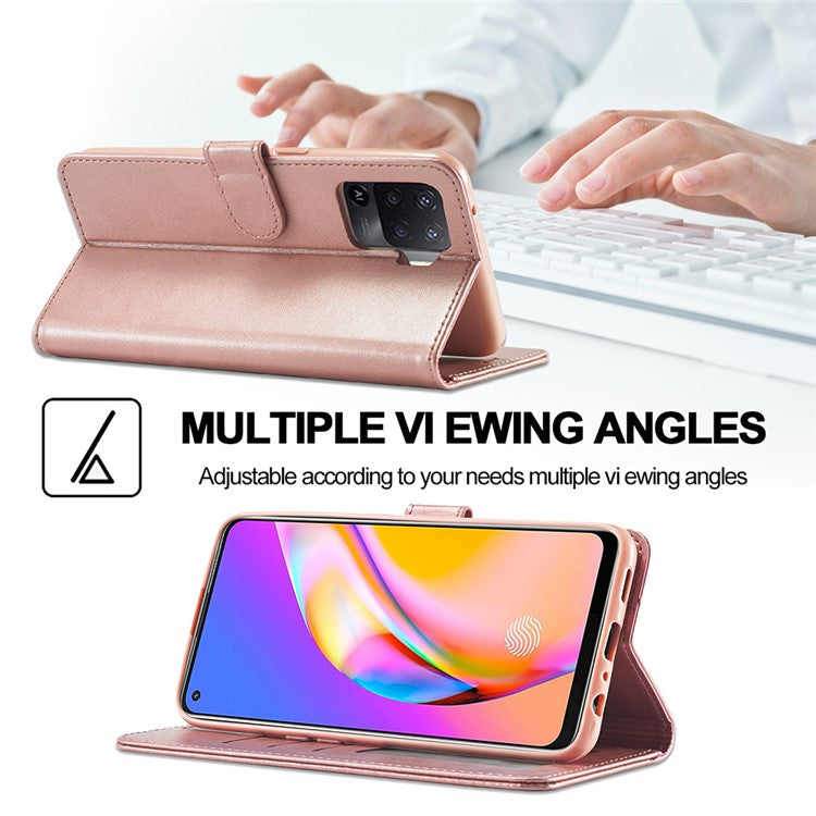 LC.IMEEKE Full Protection Wallet Design Leather Phone Protector Stand Shell for Oppo F19 Pro/A94/Reno5 F - Rose Gold