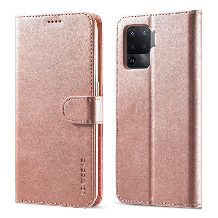 LC.IMEEKE Full Protection Wallet Design Leather Phone Protector Stand Shell for Oppo F19 Pro/A94/Reno5 F - Rose Gold