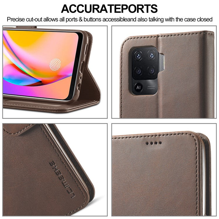 LC.IMEEKE Full Protection Wallet Design Leather Phone Protector Stand Shell for Oppo F19 Pro/A94/Reno5 F - Brown