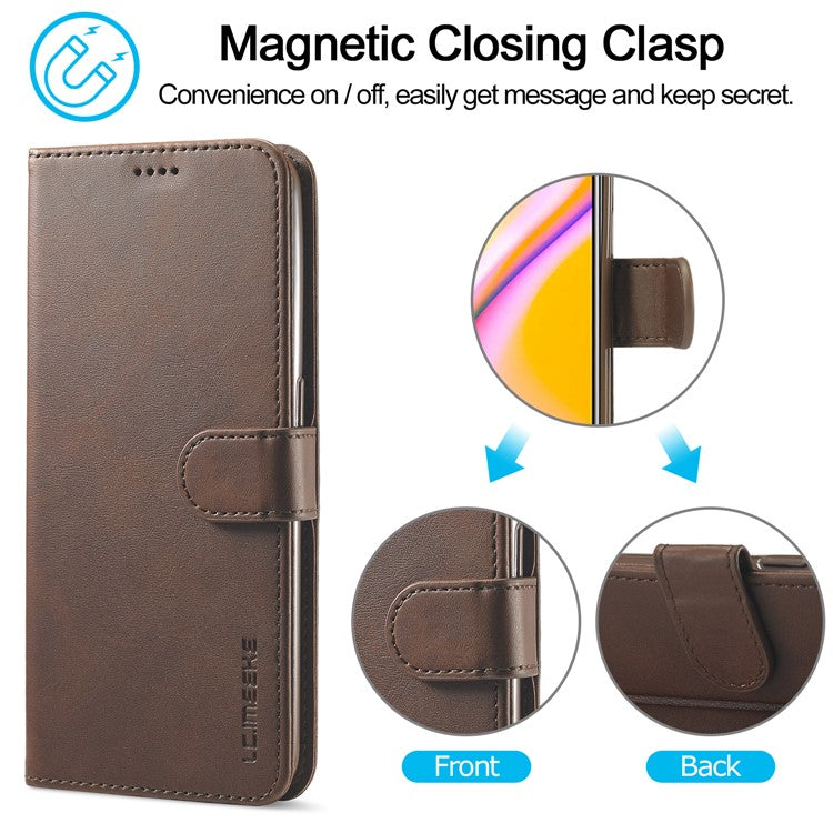 LC.IMEEKE Full Protection Wallet Design Leather Phone Protector Stand Shell for Oppo F19 Pro/A94/Reno5 F - Brown