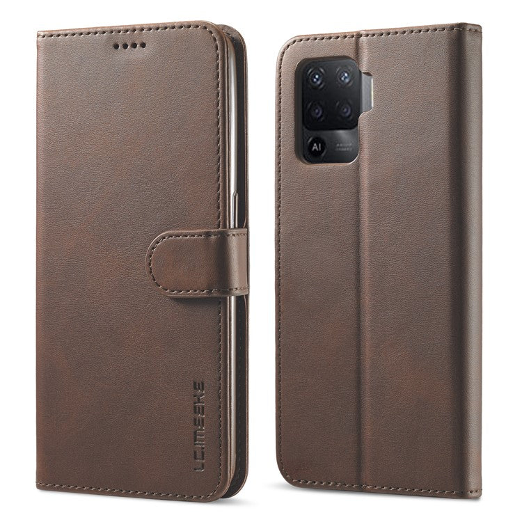 LC.IMEEKE Full Protection Wallet Design Leather Phone Protector Stand Shell for Oppo F19 Pro/A94/Reno5 F - Brown
