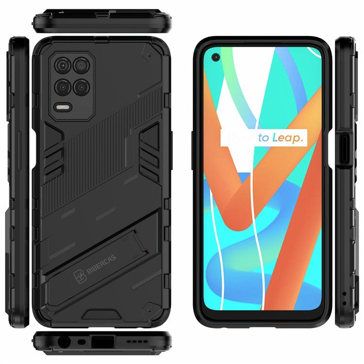 Foldable Kickstand Shockproof PC + TPU Hybrid Phone Case Cover for Realme V13 5G - Black