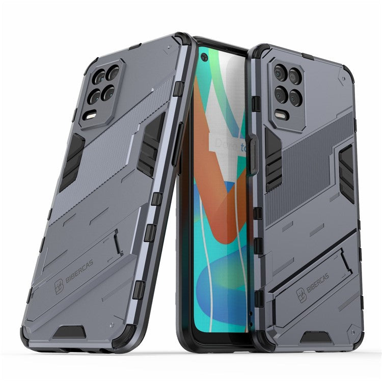 Foldable Kickstand Shockproof PC + TPU Hybrid Phone Case Cover for Realme V13 5G - Dark Blue