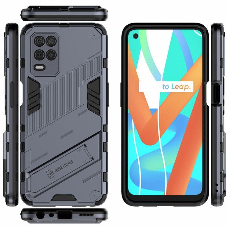 Foldable Kickstand Shockproof PC + TPU Hybrid Phone Case Cover for Realme V13 5G - Dark Blue