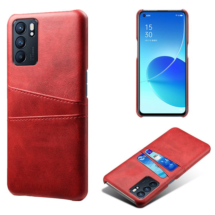 KSQ Double Card Slots PU Leather Coated PC Shell Cover Case for Oppo Reno6 5G - Red