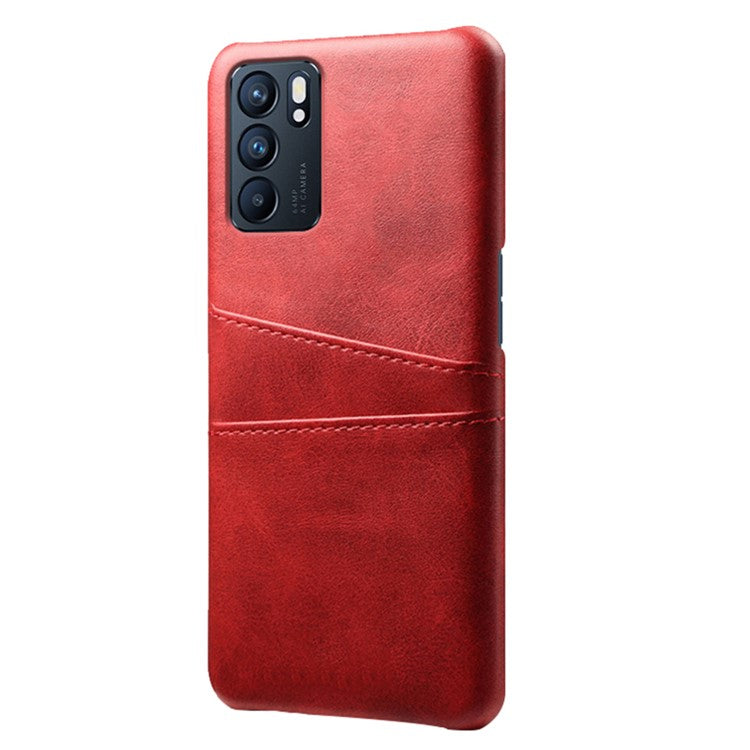 KSQ Double Card Slots PU Leather Coated PC Shell Cover Case for Oppo Reno6 5G - Red