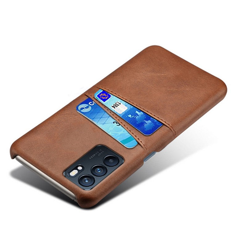 KSQ Double Card Slots PU Leather Coated PC Shell Cover Case for Oppo Reno6 5G - Brown