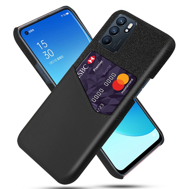 KSQ Cloth Texture PC PU Leather Phone Case with Card Slot for Oppo Reno6 - Black