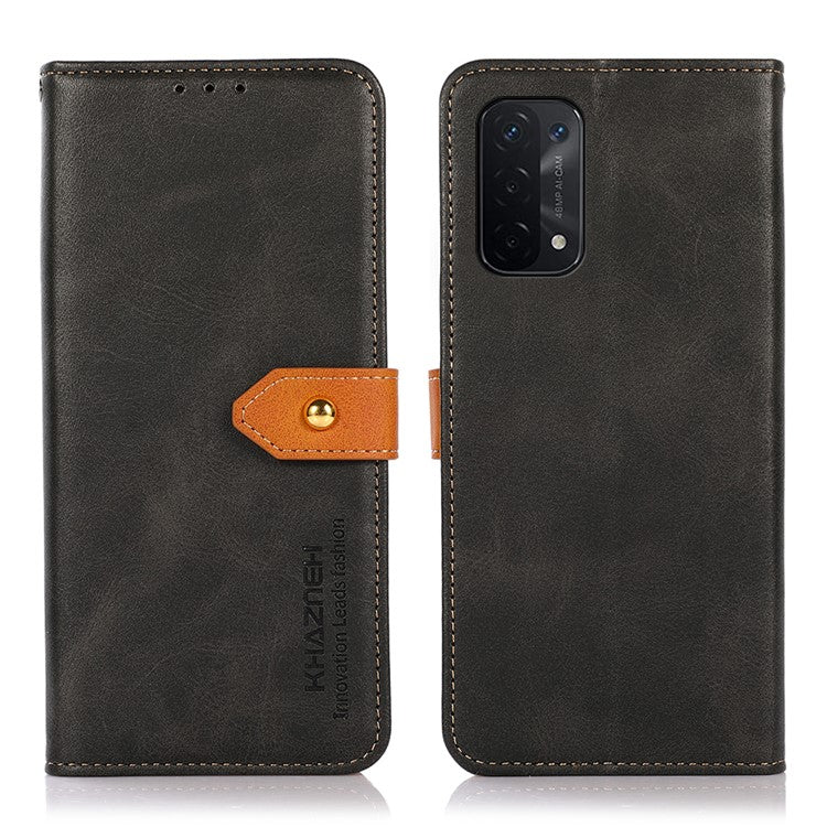 KHAZNEH Golden Magnetic Clasp Dual Color PU Leather Wallet Stand Phone Case for Oppo A54 5G / A74 5G / A93 5G - Black