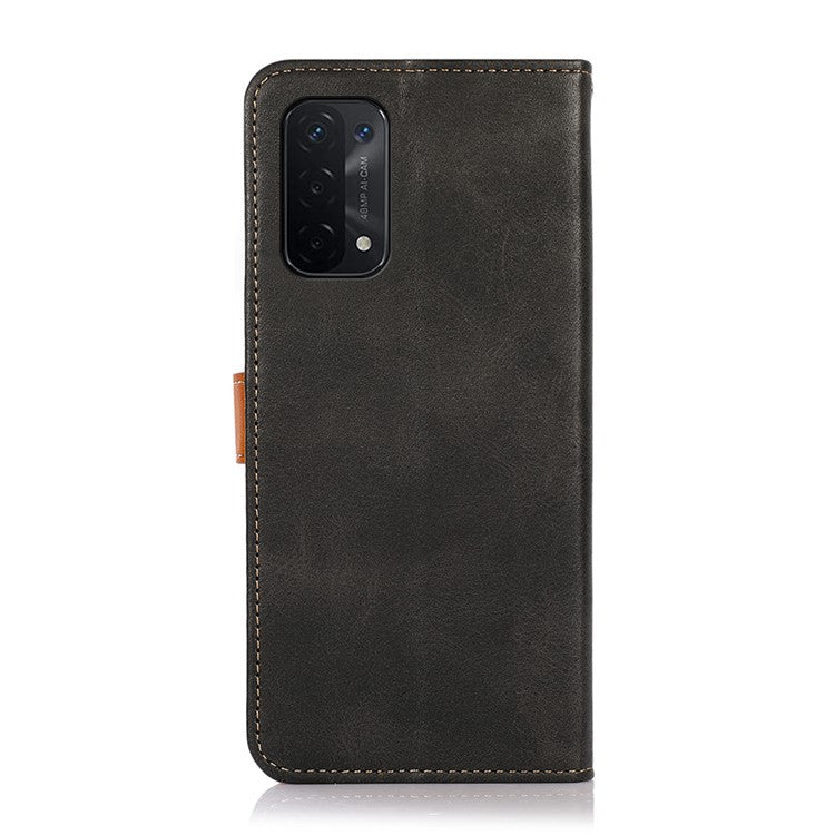 KHAZNEH Golden Magnetic Clasp Dual Color PU Leather Wallet Stand Phone Case for Oppo A54 5G / A74 5G / A93 5G - Black