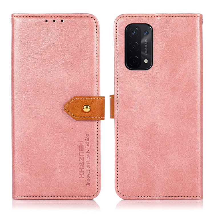 KHAZNEH Golden Magnetic Clasp Dual Color PU Leather Wallet Stand Phone Case for Oppo A54 5G / A74 5G / A93 5G - Rose Gold