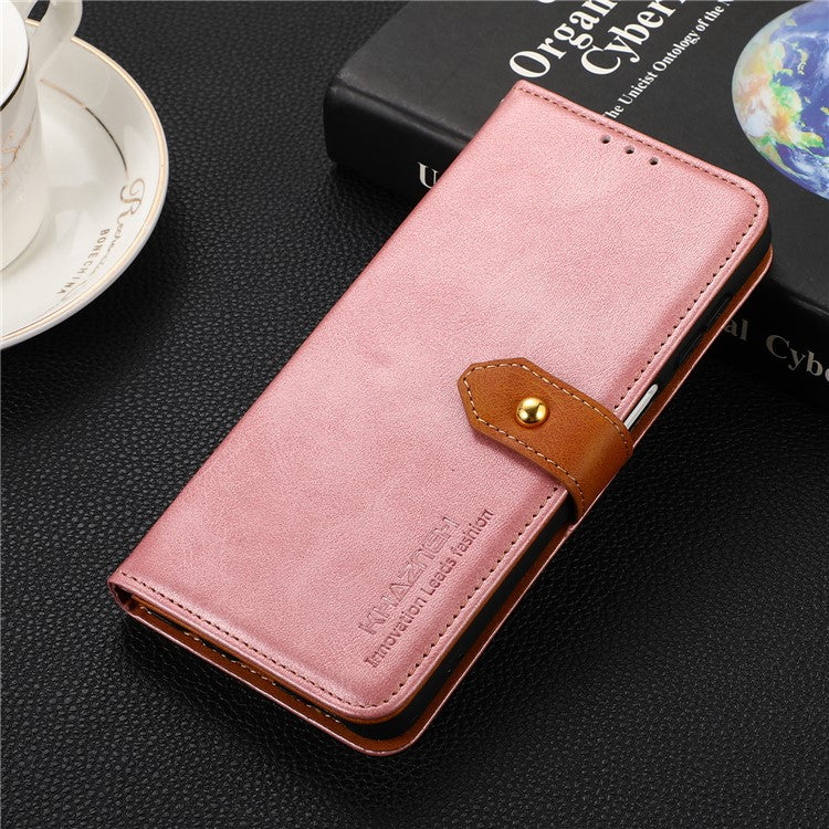 KHAZNEH Golden Magnetic Clasp Dual Color PU Leather Wallet Stand Phone Case for Oppo A54 5G / A74 5G / A93 5G - Rose Gold