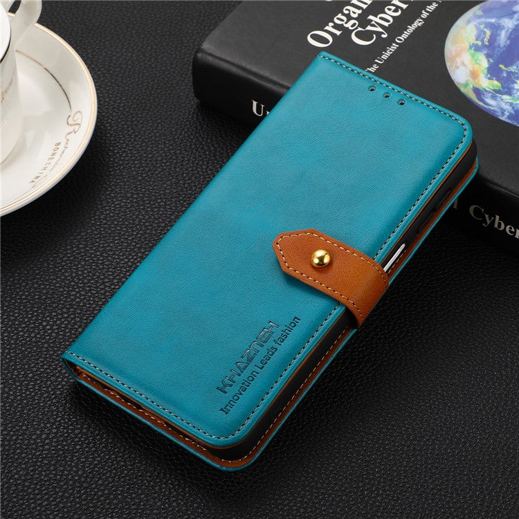 KHAZNEH Golden Magnetic Clasp Dual Color PU Leather Wallet Stand Phone Case for Oppo A54 5G / A74 5G / A93 5G - Blue