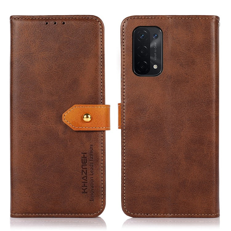 KHAZNEH Golden Magnetic Clasp Dual Color PU Leather Wallet Stand Phone Case for Oppo A54 5G / A74 5G / A93 5G - Brown