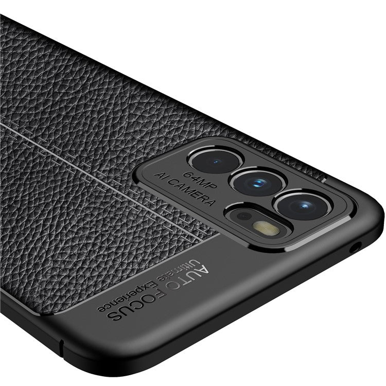Litchi Texture Full Coverage Leather Flexible TPU Protective Back Cover Case for Oppo Reno6 5G - Black