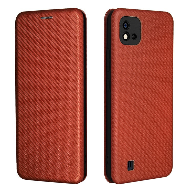 Carbon Fiber Texture Card Slot Auto-absorbed Leather Phone Shell Cover for Realme C11 2021 / C20 - Orange