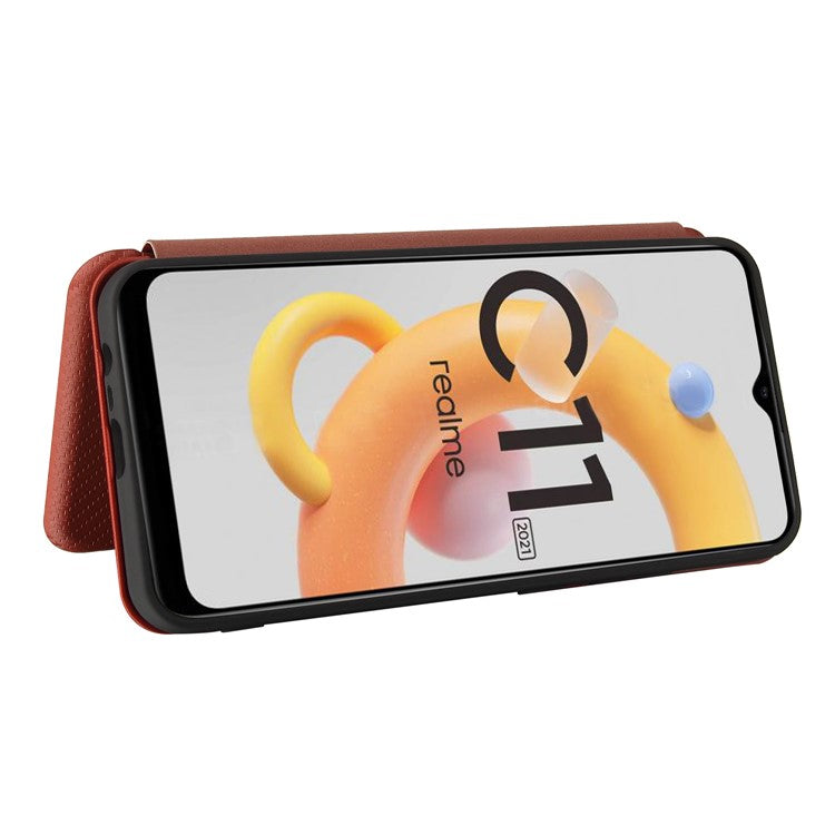 Carbon Fiber Texture Card Slot Auto-absorbed Leather Phone Shell Cover for Realme C11 2021 / C20 - Orange