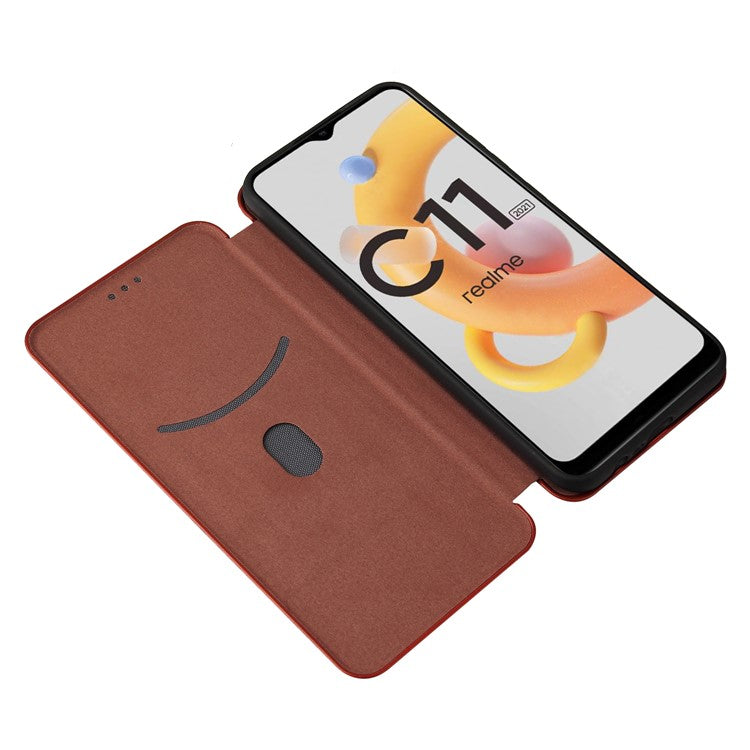 Carbon Fiber Texture Card Slot Auto-absorbed Leather Phone Shell Cover for Realme C11 2021 / C20 - Orange