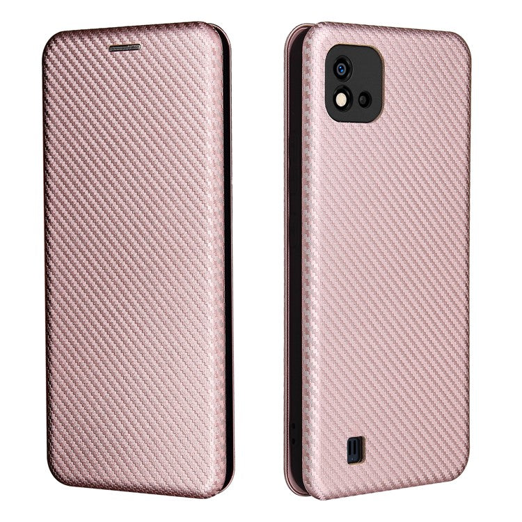 Carbon Fiber Texture Card Slot Auto-absorbed Leather Phone Shell Cover for Realme C11 2021 / C20 - Gold