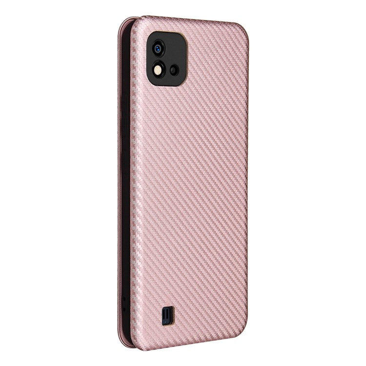 Carbon Fiber Texture Card Slot Auto-absorbed Leather Phone Shell Cover for Realme C11 2021 / C20 - Gold