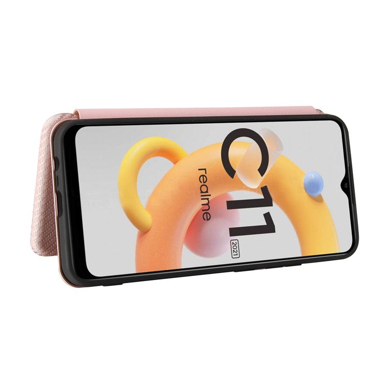 Carbon Fiber Texture Card Slot Auto-absorbed Leather Phone Shell Cover for Realme C11 2021 / C20 - Gold