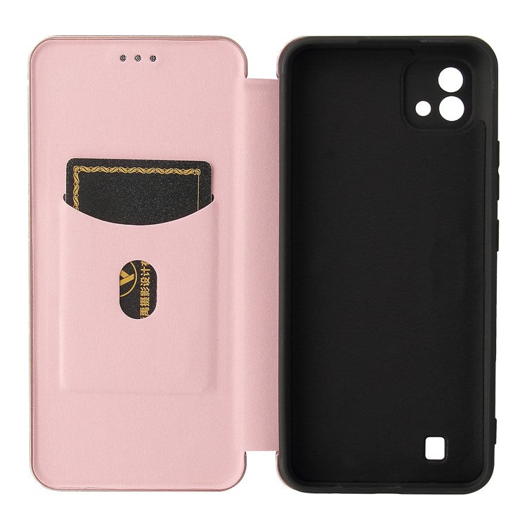 Carbon Fiber Texture Card Slot Auto-absorbed Leather Phone Shell Cover for Realme C11 2021 / C20 - Gold