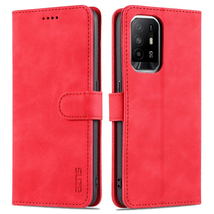 AZNS Stand Wallet Design PU Leather Protective Phone Case for Oppo A93 5G / A74 5G - Red