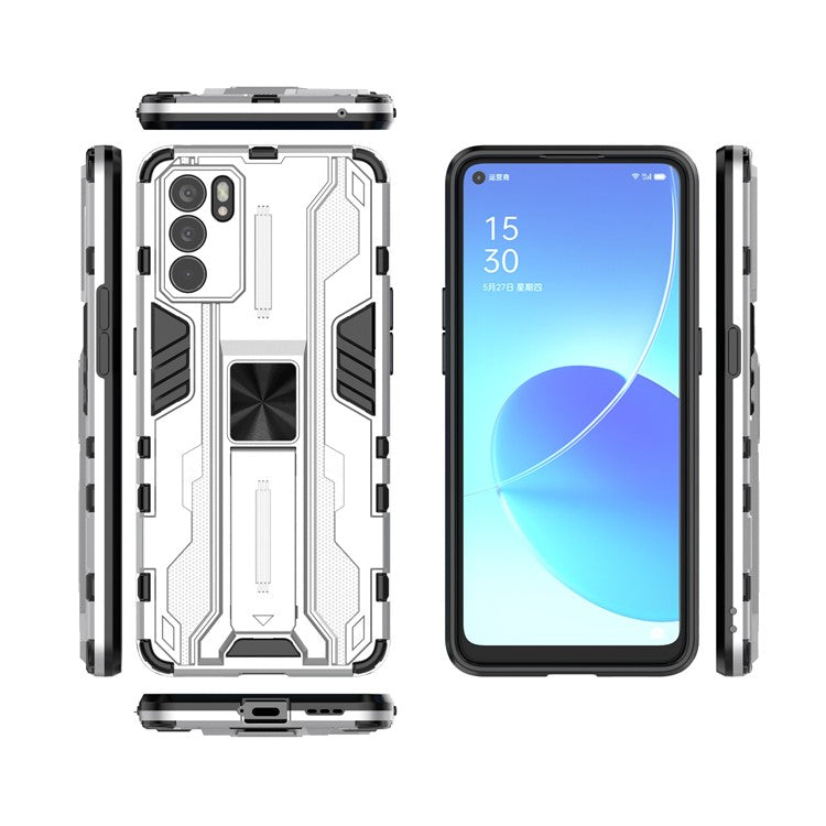 Sturdy Kickstand Hybrid Hard PC + Soft TPU Shockproof Full Body Protective Case for Oppo Reno6 5G - Silver