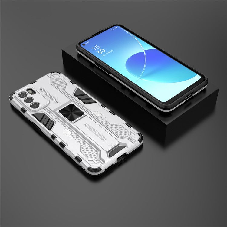 Sturdy Kickstand Hybrid Hard PC + Soft TPU Shockproof Full Body Protective Case for Oppo Reno6 5G - Silver