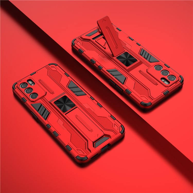 Sturdy Kickstand Hybrid Hard PC + Soft TPU Shockproof Full Body Protective Case for Oppo Reno6 5G - Red
