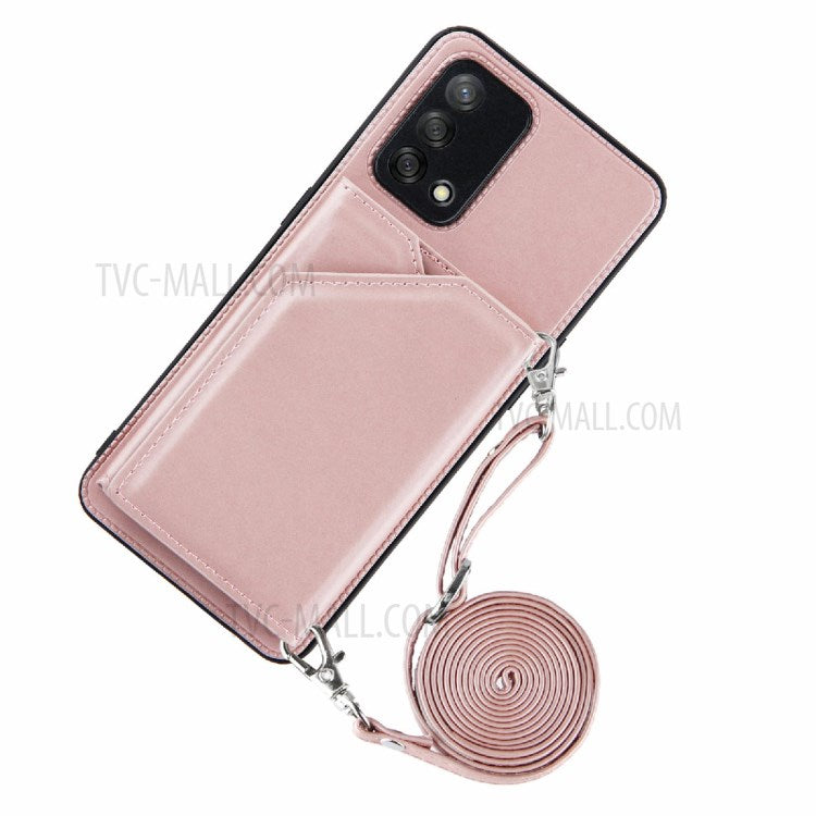 Kickstand Card Holder Glossy Leather TPU Hybrid Phone Case with Shoulder Strap for Oppo A74 4G/F19 - Rose Gold