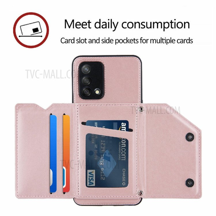 Kickstand Card Holder Glossy Leather TPU Hybrid Phone Case with Shoulder Strap for Oppo A74 4G/F19 - Rose Gold
