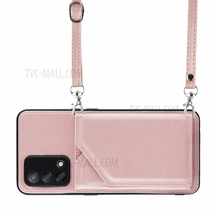 Kickstand Card Holder Glossy Leather TPU Hybrid Phone Case with Shoulder Strap for Oppo A74 4G/F19 - Rose Gold