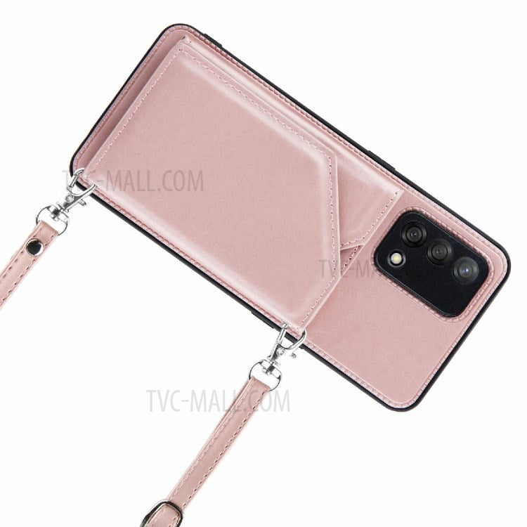 Kickstand Card Holder Glossy Leather TPU Hybrid Phone Case with Shoulder Strap for Oppo A74 4G/F19 - Rose Gold