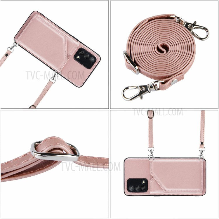 Kickstand Card Holder Glossy Leather TPU Hybrid Phone Case with Shoulder Strap for Oppo A74 4G/F19 - Rose Gold