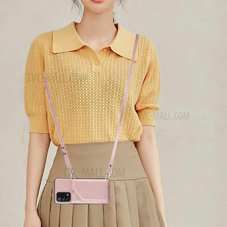 Kickstand Card Holder Glossy Leather TPU Hybrid Phone Case with Shoulder Strap for Oppo A74 4G/F19 - Rose Gold